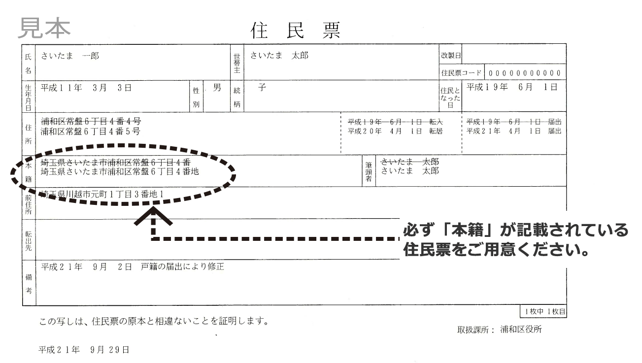 本籍が記載された住民票の例